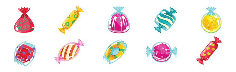 Sweet or Candy in Glossy Colorful Wrap Vector Set