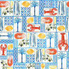 Beautiful seamless pattern in patchwork style with hand drawn watercolor different tiles. Stock illustration.