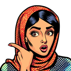Retro Pop Art Arab Muslim with Hijab Pointing Finger Gesture