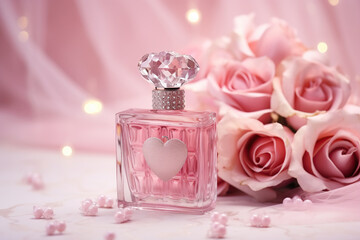 Bottle of perfume with heart and roses on the table, closeup, 