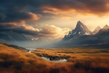 A beautiful scenic view of a distant mountain with a cloudy sky.