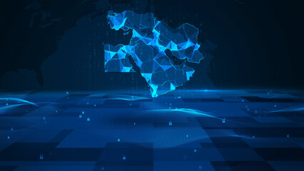 Middle East map background digital number code business security key technology