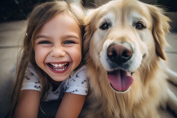 happy little girl having fun with her golden retriever dog