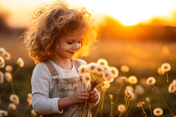 Toddler girl holding a bunch of dandelions in a sunlit field at sunset, with a joyful expression.