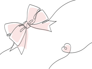 Elegant ribbon bow in continuous line art drawing style. Minimalist black linear sketch isolated on white background.