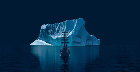Melting icebergs by the coast of Greenland with old ship at night