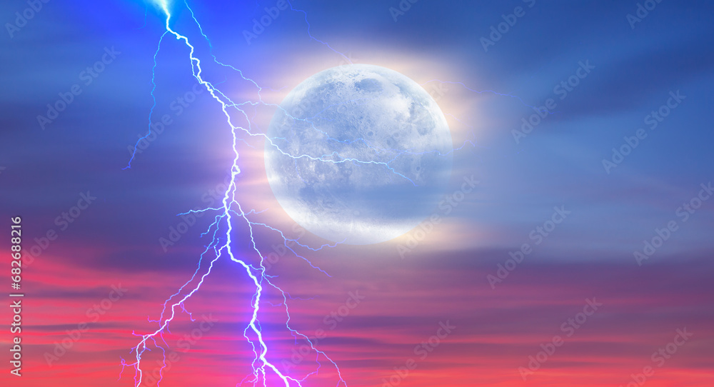 Wall mural lightning strikes between clouds with full moon at night 