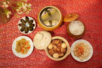 Vietnamese table food for Tet, traditional food on lunar new year: pork belly with hard-boiled eggs...