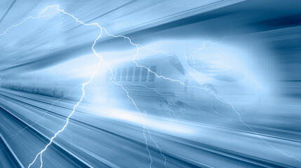High speed train runs on rail tracks with speed lightning - Train in motion