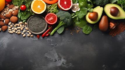 Obraz na płótnie Canvas Healthy food clean eating selection fruit, vegetable, seeds, superfood, cereal, leaf vegetable on gray concrete background, generative ai