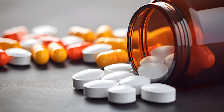 Tablet Drugs Images,Medicine bottle with tablets and orange pill,Tablets, Medication, Pharmaceutical, White and Orange pills and from an orange pill bottle on White 