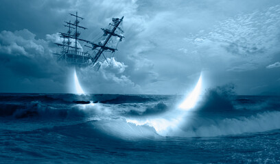 Fantasy old ship flying over stormy clouds with lightning crescent moon in the background