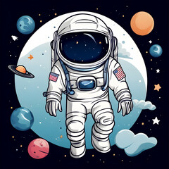 Illustration of  Cute  astronaut suit floating in space, on white background, vector illustration, T-shirt design
