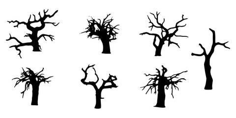 set of vector images of dry tree silhouettes on a white background