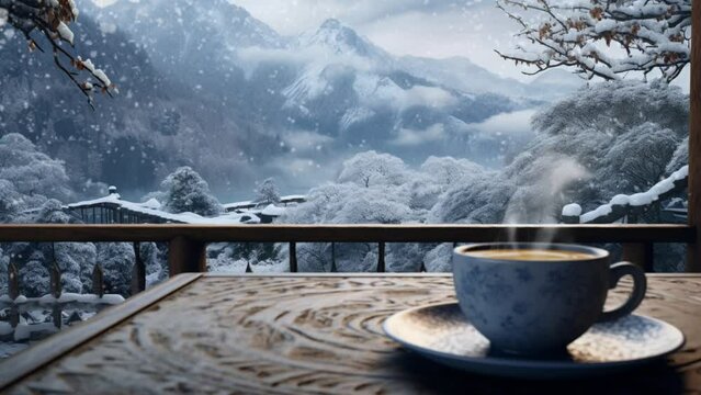coffee with nature scenery in winter. seamless looping virtual video animation background. Generated with AI