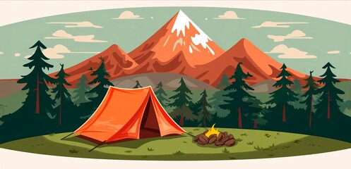 Poster of a camp tent camping in the mountains. Travel adventure and nature concept