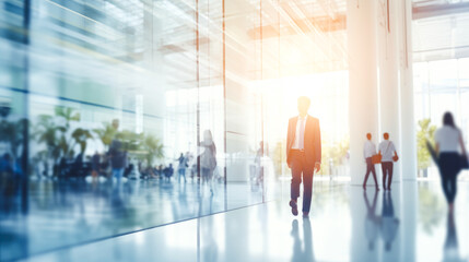 Blurred motion of busy business people walking in a sunlit, modern glass office corridor. Concept of fast business pace