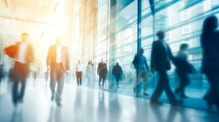 Blurred motion of busy business people walking in a sunlit, modern glass office corridor. Concept of fast business pace