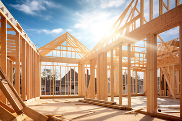A view of a wooden frame construction of a new residential house real estate in a worksite on a cloud and clear sky shot in backlit way. Generative AI.