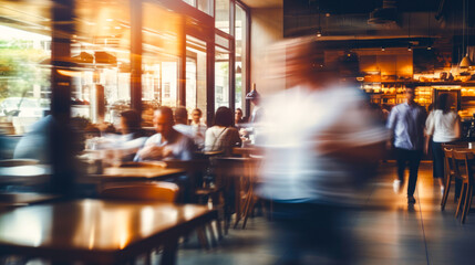 Blurred motion of a people walking in a busy cafe with customers sitting at tables, warm and cozy atmosphere - obrazy, fototapety, plakaty