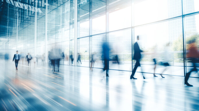 Blurred motion of busy business people walking in a sunlit, modern glass office corridor. Concept of fast business pace
