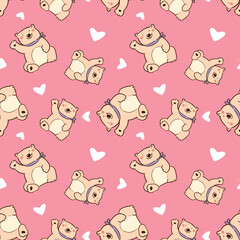 Fototapeta premium Seamless Pattern with Cartoon Bear and Heart Design on Pink Background