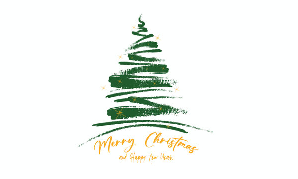  Christmas tree paint brush strokes.  Christmas and Happy New Year Greeting Card with grunge hand drawn Christmas Tree and merry christmas congratulation text isolated