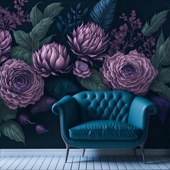 Vintage with sofa. Home interior design. Flower background. Generative AI