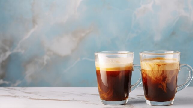 Two glass coffee cups with espresso in the morning on a white marble background. Aroma, ristretto. Mug of coffee. Close up. Blue wall