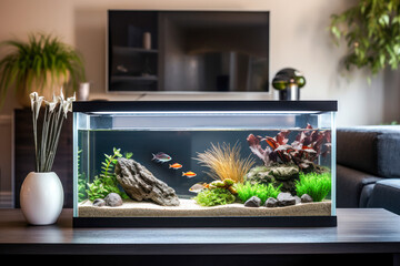 Modern living room with large, well-maintained aquarium full of tropical fish, natural light, and stylish interior design. - Powered by Adobe
