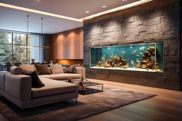 Modern living room with large, well-maintained aquarium full of tropical fish, natural light, and stylish interior design.