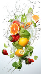 fresh fruits in water splash, Fruit and vegetable fragments fall into the water