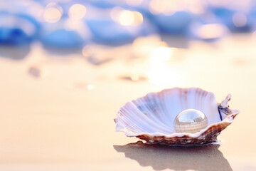 Fototapeta na wymiar Seashell with pearl on sandy beach. The concept captures natural beauty and rarity.