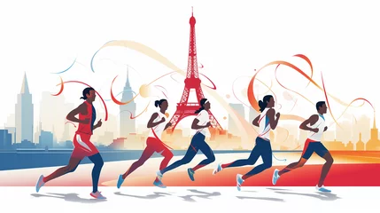 Keuken spatwand met foto Paris olympics games France 2024 ceremony running sports Eiffel tower torch artwork painting commencement © The Stock Image Bank