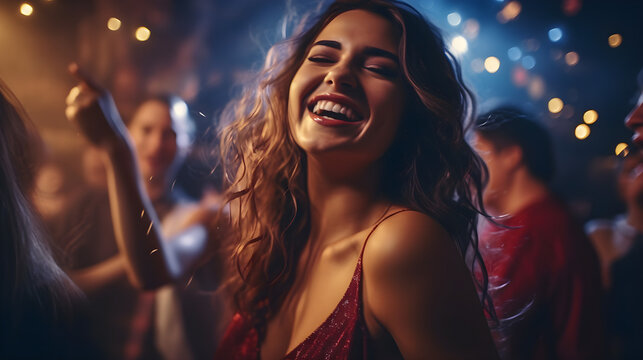 Beautiful young girl dancing in the club and smiling with pleasure. Lifestyle. The concept of happiness and carefree