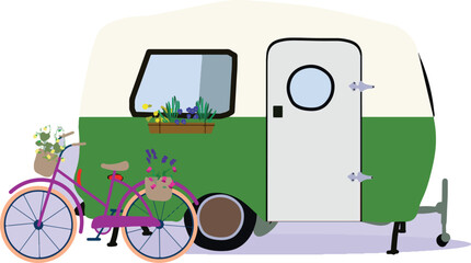 Vector illustration of a caravan with flowers and a bicycle on a white background