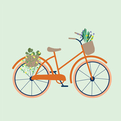 Fototapeta na wymiar Bicycle with flowers. Vector illustration in flat design style. Isolated on green background. 