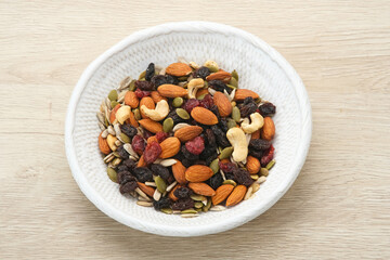 Mix Nuts with high nutrition and low fat. Almond, raisin, dried cranberry, pumpkin seed and sunflower seed

