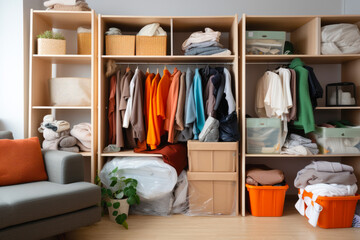Organized wardrobe with neatly arranged clothes and storage boxes in a modern home interior.