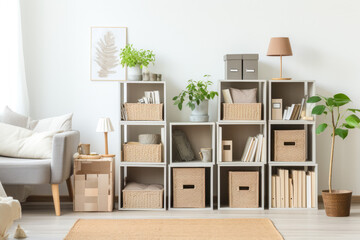 Organized wooden shelves with towels, plants, and various neatly arranged storage containers in a minimalist style. - obrazy, fototapety, plakaty