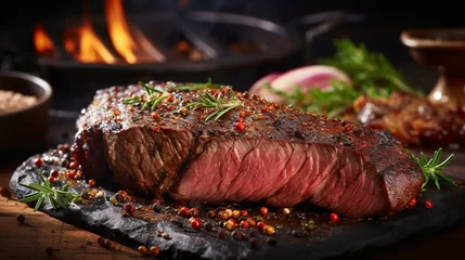 Foto op Canvas an image of a sizzling barbecue tri-tip steak with a peppery rub © Wajid