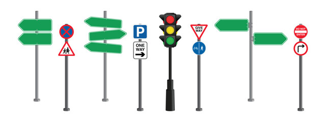 Set of road signs and Traffic light isolated on transparent background. Vector illustration.