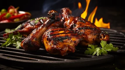 Foto op Plexiglas an image of a sizzling barbecue quail with a spicy rub © Wajid