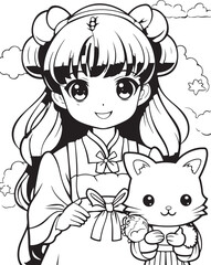 cute anime manga girl with pet coloring page kawai style 