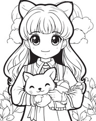 cute anime manga girl with pet coloring page kawai style 