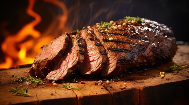 an image of a sizzling barbecue tri-tip steak with a peppery rub
