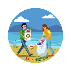Cleaning up plastic on the beach. People clean up trash from beaches. Ecoactive. Vector