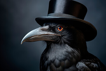 Fototapeta premium Black intelligent crow with hat, close-up view.
