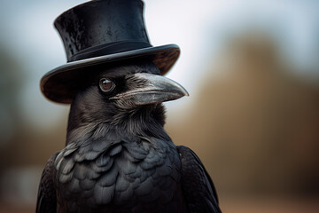 Fototapeta premium Black intelligent crow with hat, close-up view. Black Raven Wearing Top Hat.