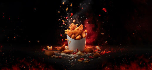 chicken classic nuggets tenders meal in container box ,boneless wings or chicken breast pieces in buffalo barbeque, or spicy sauce flying ingredients and food commercial advertisement menu banner